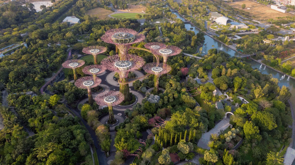 Urban Oases 2026: Explore the World’s Top Green Cities & Parks 13 Singapore with artificial trees inside a green forest.
