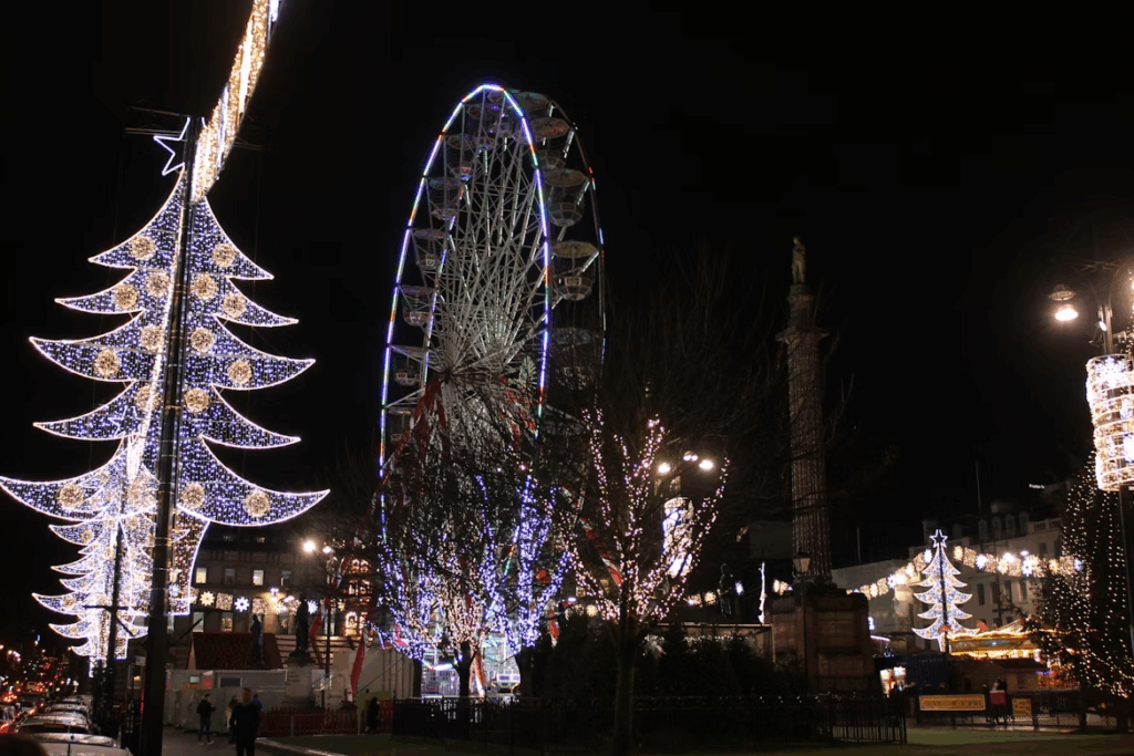 a-ferris-wheel-surrounded-by-christmas-lights-and-trees