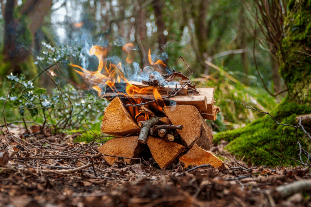 a small campfire burns in the woods
