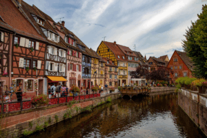 Colorful half-timbered houses along the charming canals in Colmar, France
