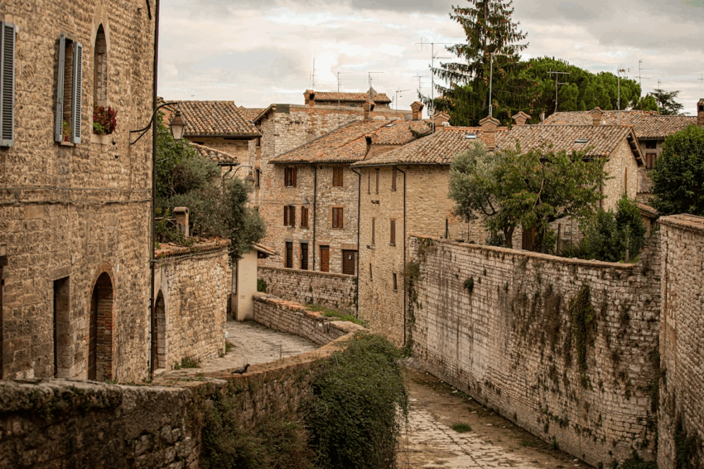 Charming medieval village with stone streets and historic buildings
