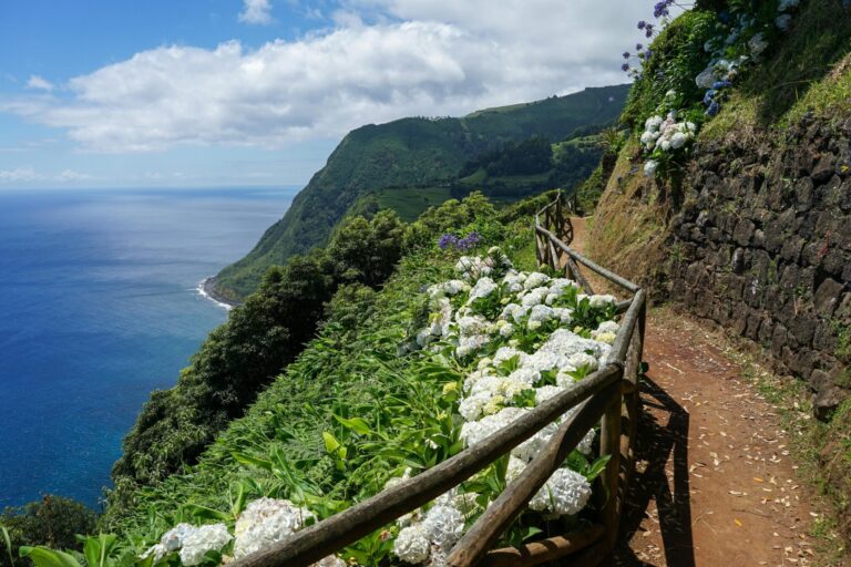 High angle view of a winding mountain road in Ponta Delgada, elevated along the scenic coastal landscape